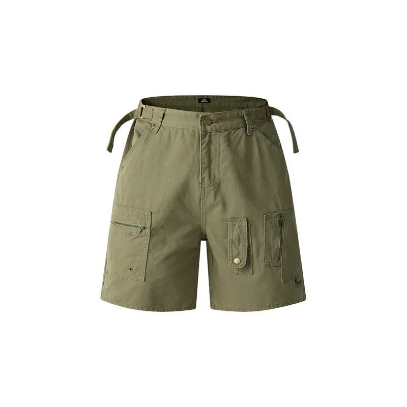 Retro washed cotton shorts for men and women in a loose fit with a zipper, shown in available colours.