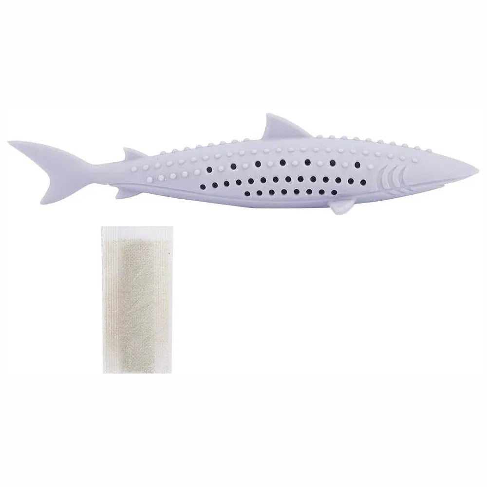 Silicone fish-shaped cat chew toy with breathable holes in green, pink, or purple colours
