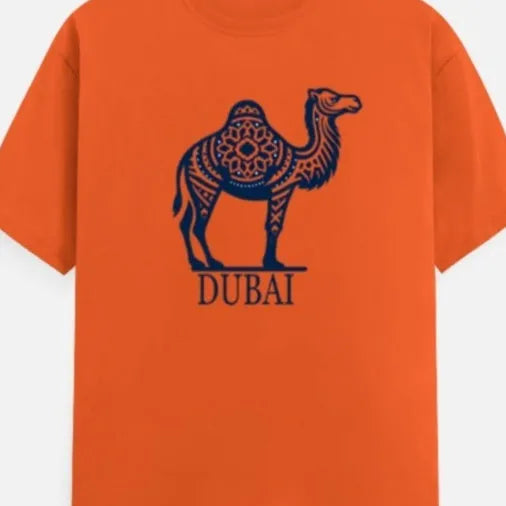 Orange loose-fit cotton t-shirt with short sleeves and a round neck collar on a hanger