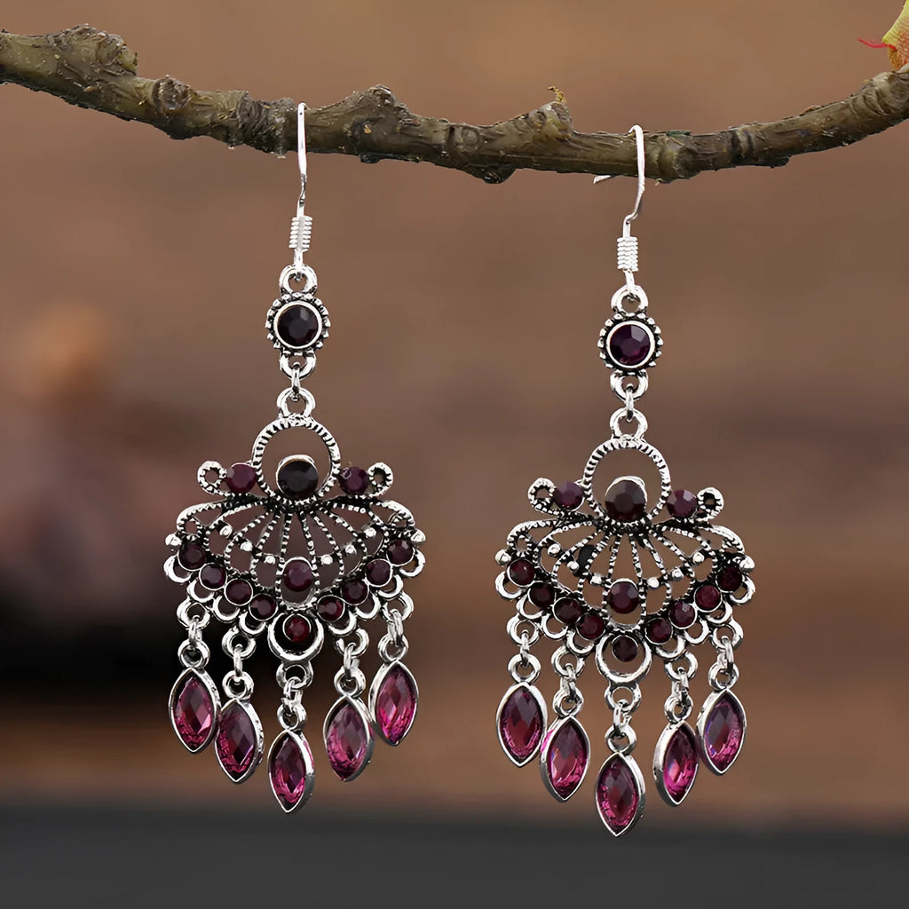 Long purple fringe drop earrings with retro crystal ethnic style design and alloy construction