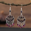 Long purple fringe drop earrings with retro crystal ethnic style design and alloy construction