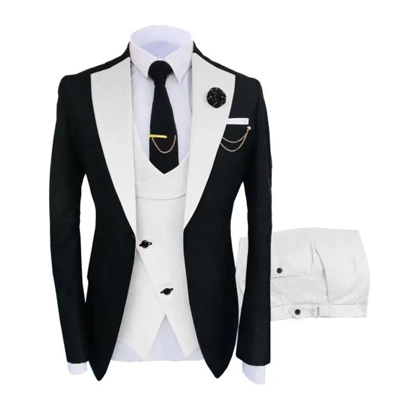 Men's slim fit three-piece business suit in black, shown with coat, vest, and trousers.