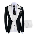 Men's slim fit three-piece business suit in black, shown with coat, vest, and trousers.