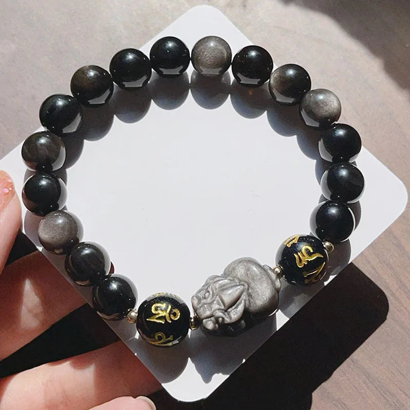 Man's Silverstone beaded bracelet with engraved Chinese proverbs and zodiac symbols.