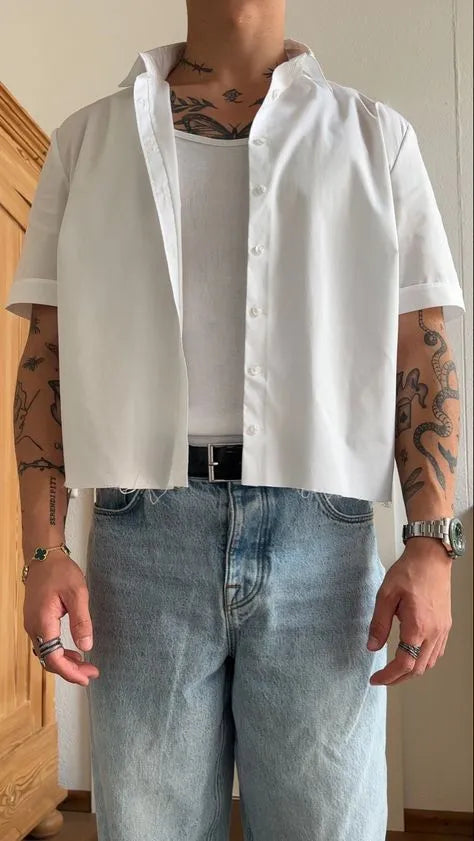 Men's white polyester short sleeve shirt with cropped length and plain design