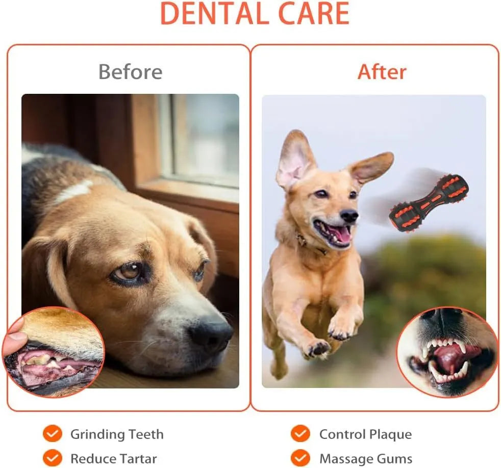 Red rubber dumbbell-shaped dog chew toy with textured surface for dental cleaning