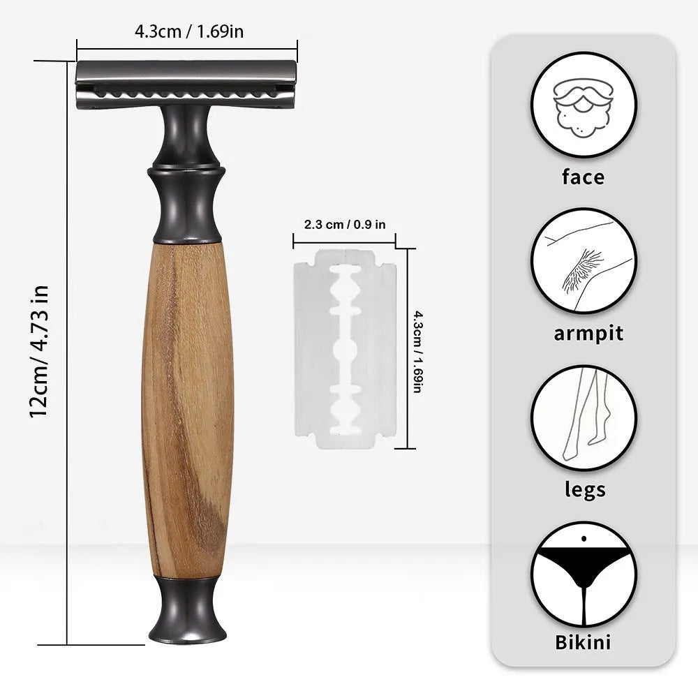 Men's copper safety razor with olive wood handle and aluminium blade holder on stand