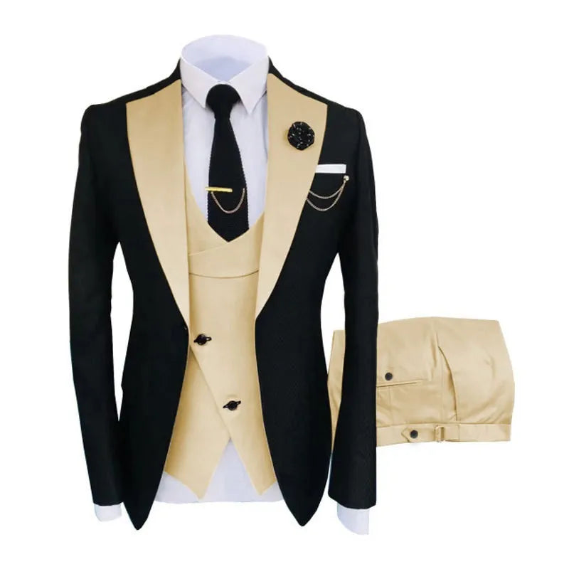 Men's slim fit three-piece business suit in black, shown with coat, vest, and trousers.