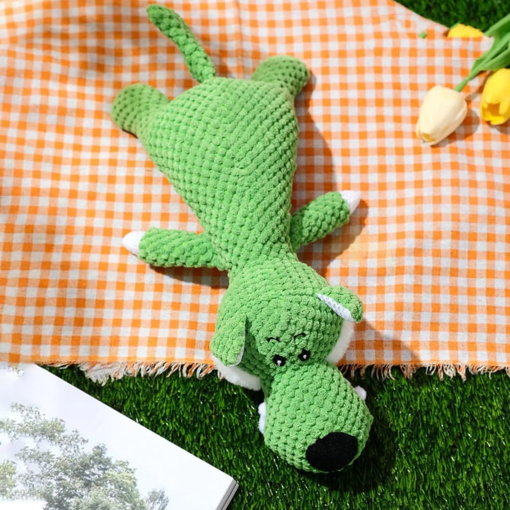 Corn cob shaped plush dog chew toy with textured kernels and squeaker