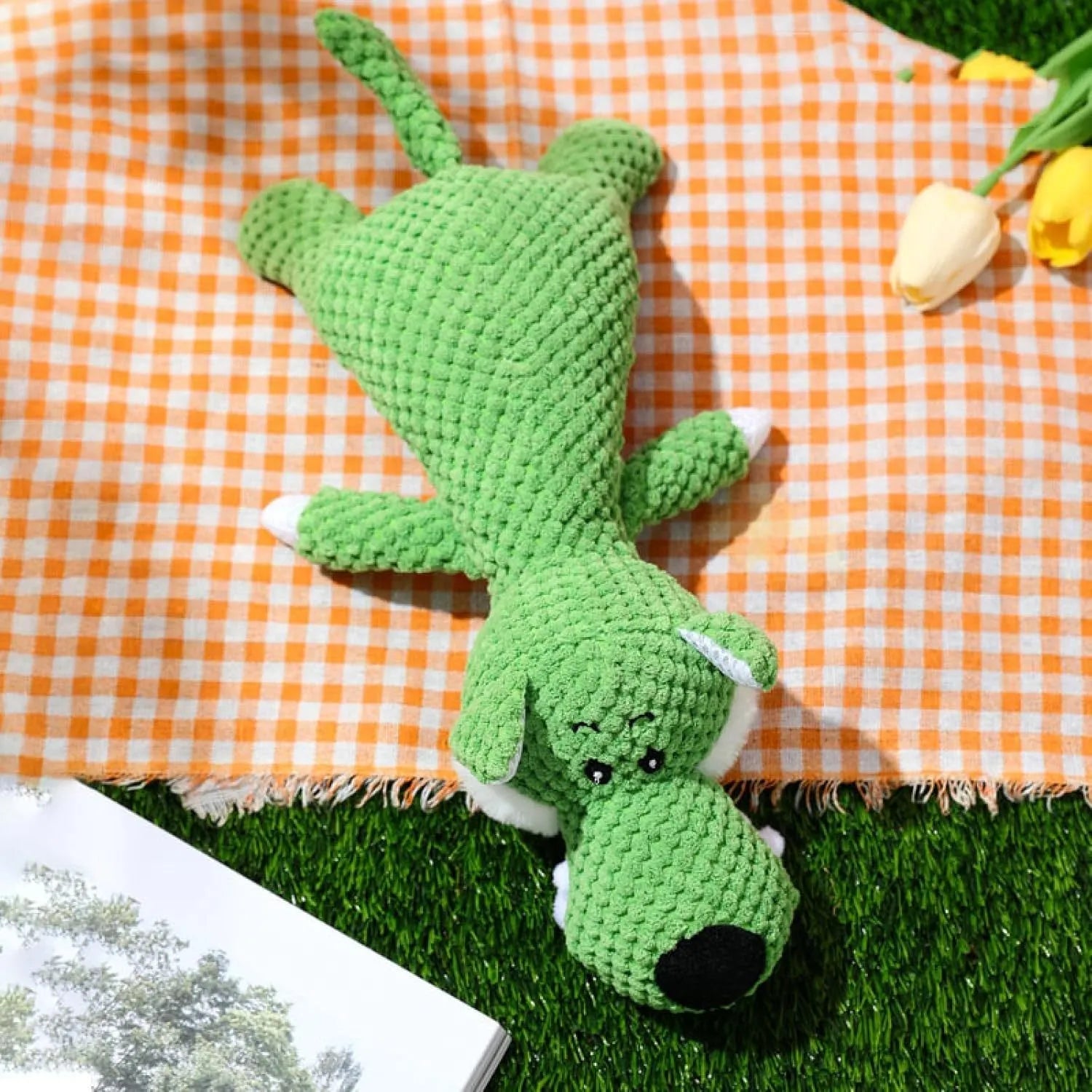 Corn cob shaped plush dog chew toy with textured kernels and squeaker