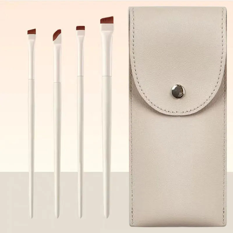 4 piece angled eyeliner and brow brush set with leather carrying case