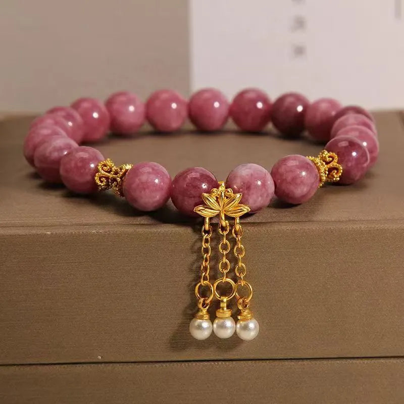 Women's natural stone bracelet with pink lotus tassel and pearl pendant design