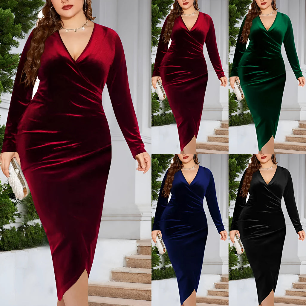 Women's red V-neck long sleeve dress on a hanger, showing the classic neckline and regular sleeve design.