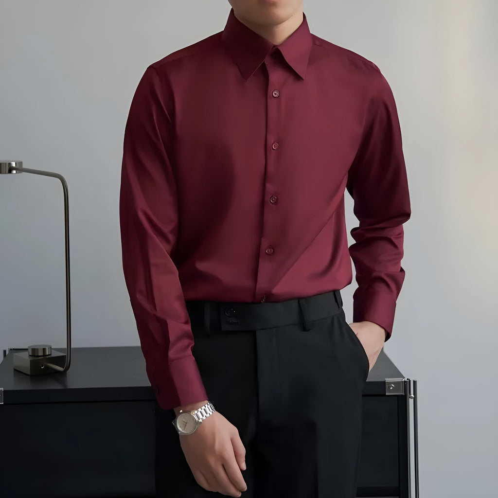 Black men's slim fit Korean style long sleeve cardigan shirt on a hanger
