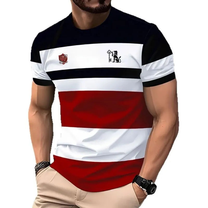 Man wearing a loose-fit short sleeve t-shirt with a raised digital 3D printed stripe pattern in blue.
