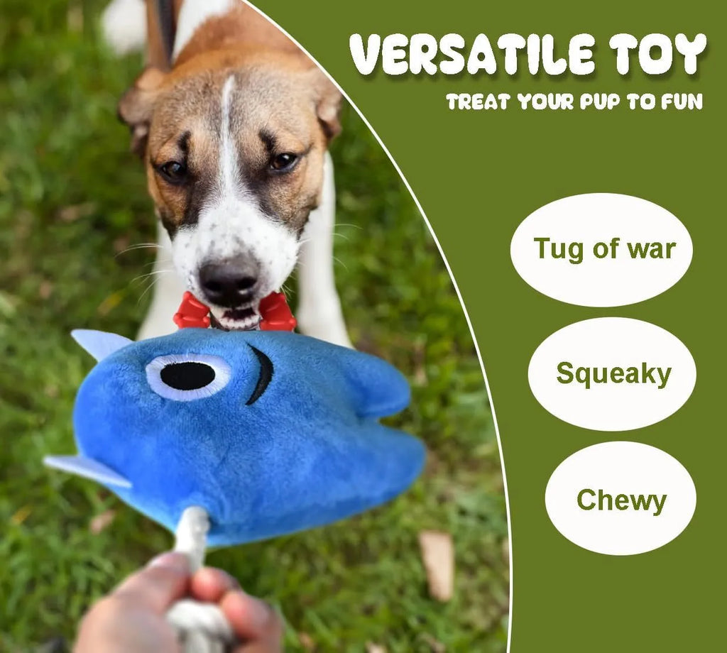 Large blue and green monster plush dog toy with integrated cotton rope sections for chewing and tug of war