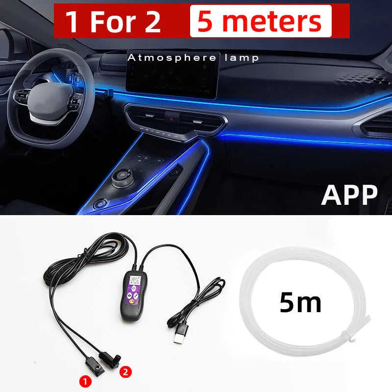 Car interior USB LED atmosphere light with colour-changing function installed along centre console