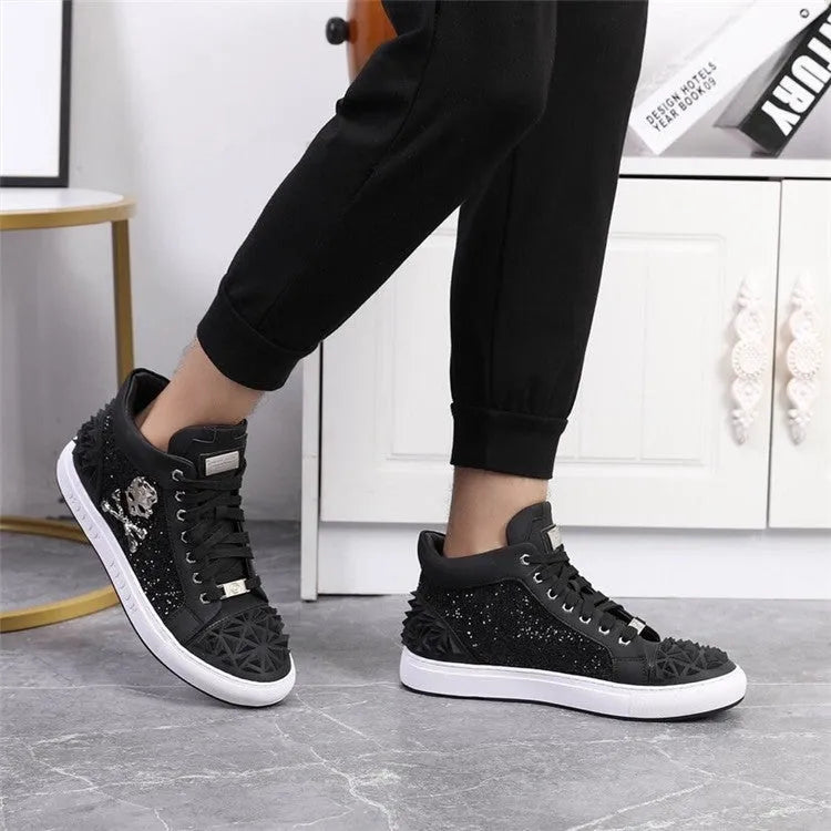 Men's black high-top skeleton shoes with genuine leather upper and lace-up closure on a rubber sole.