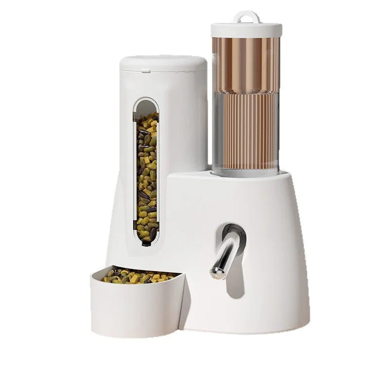 Blue hamster automatic water bottle and dual-compartment white food basin attached together.