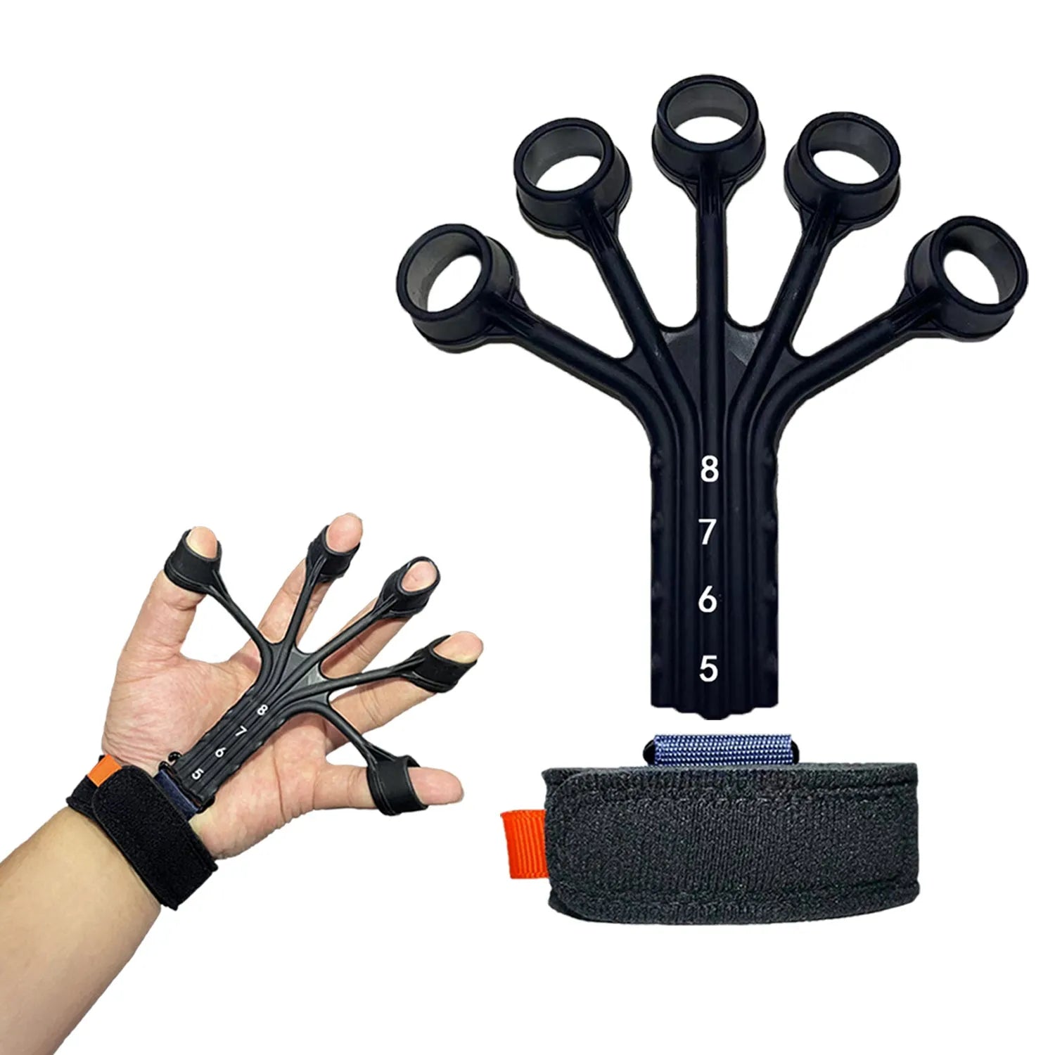 Black silicone finger flexion and extension trainer with adjusting belt for hand therapy