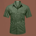 Men's army green cotton work shirt with short sleeves and a loose, non-iron fit.