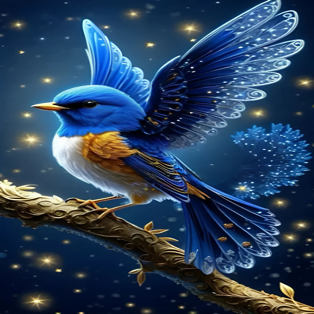 Handmade DIY Blue Bird diamond painting kit with acrylic rhinestones and internal frame, 60x100 cm.