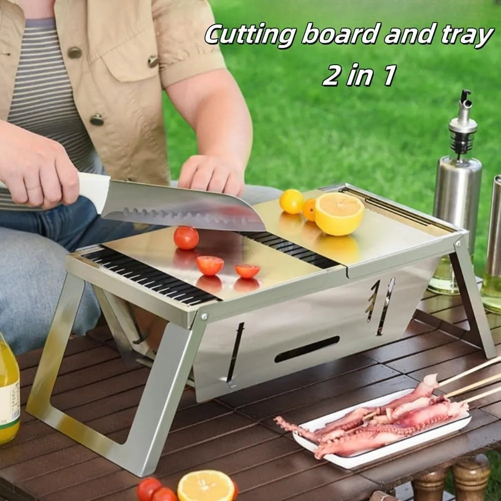 Small portable charcoal grill shown folded and unfolded for outdoor BBQ cooking
