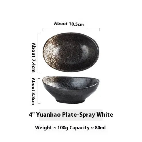 Oval Japanese ceramic sauce dipping bowl on a table, showing its 5cm height and decorative underglaze pattern.