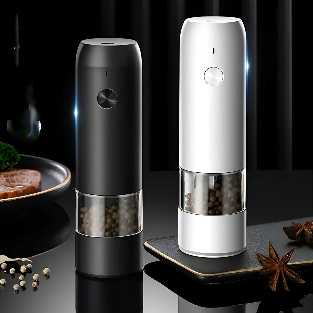 Rechargeable electric pepper and salt grinder set with USB cable, ceramic mechanism, and LED light in black and white