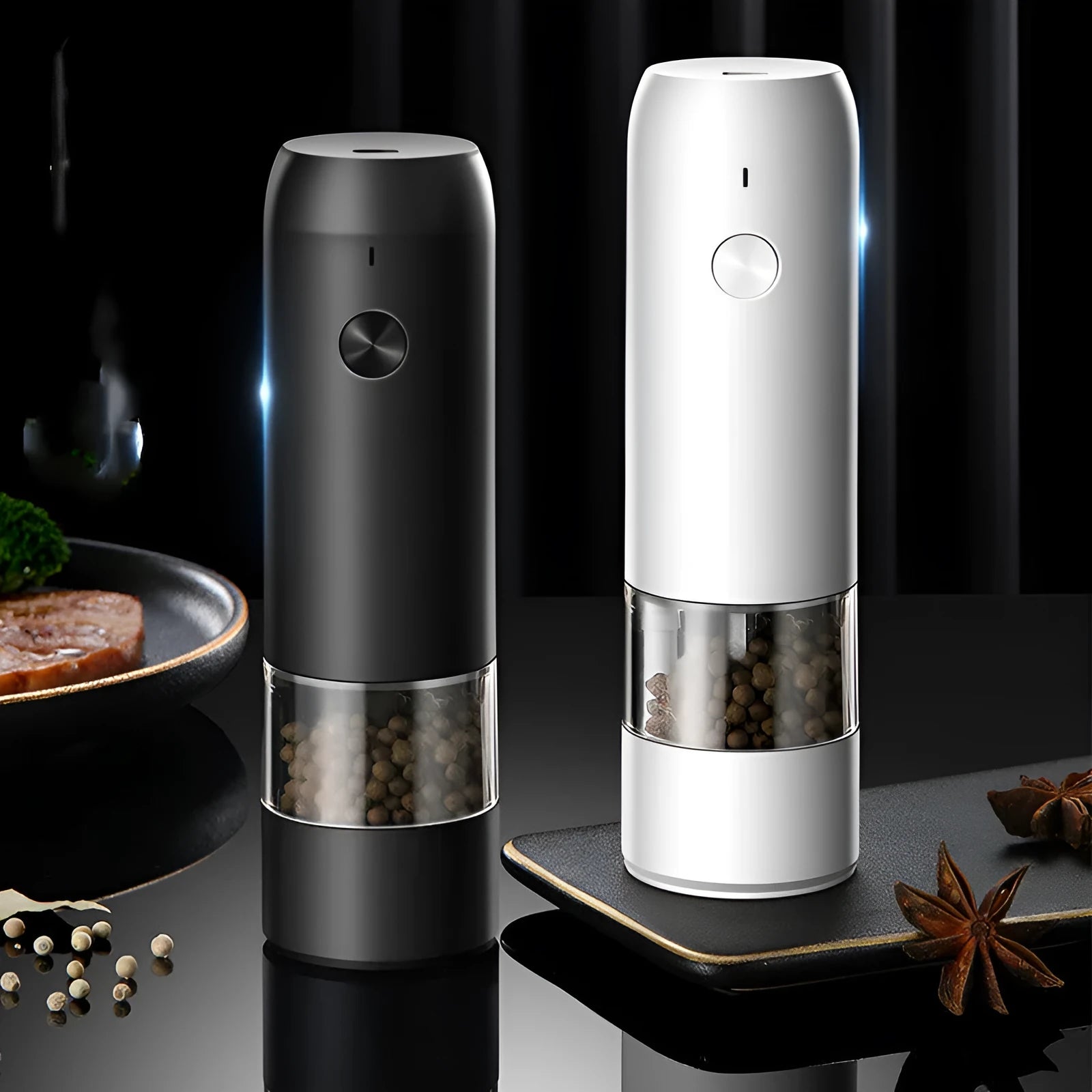 Rechargeable electric pepper and salt grinder set with USB cable, ceramic mechanism, and LED light in black and white