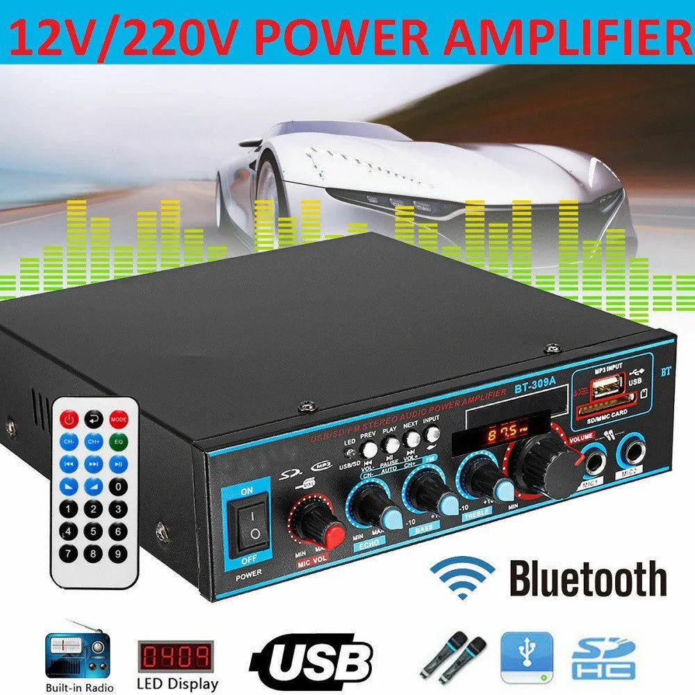 BT-309A-A black Bluetooth amplifier with recording function for home and car use