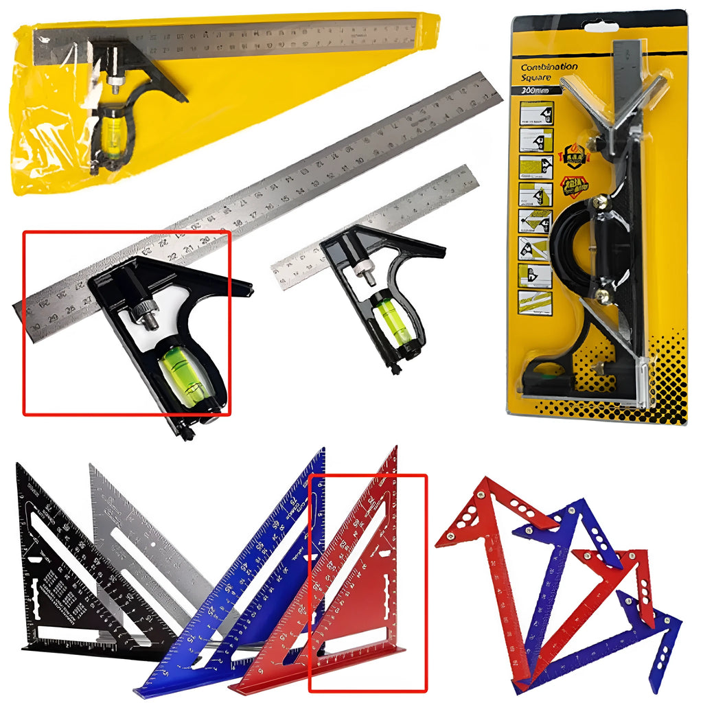 Red metal combination angle ruler showing dual-sided metric and imperial graduation scales.