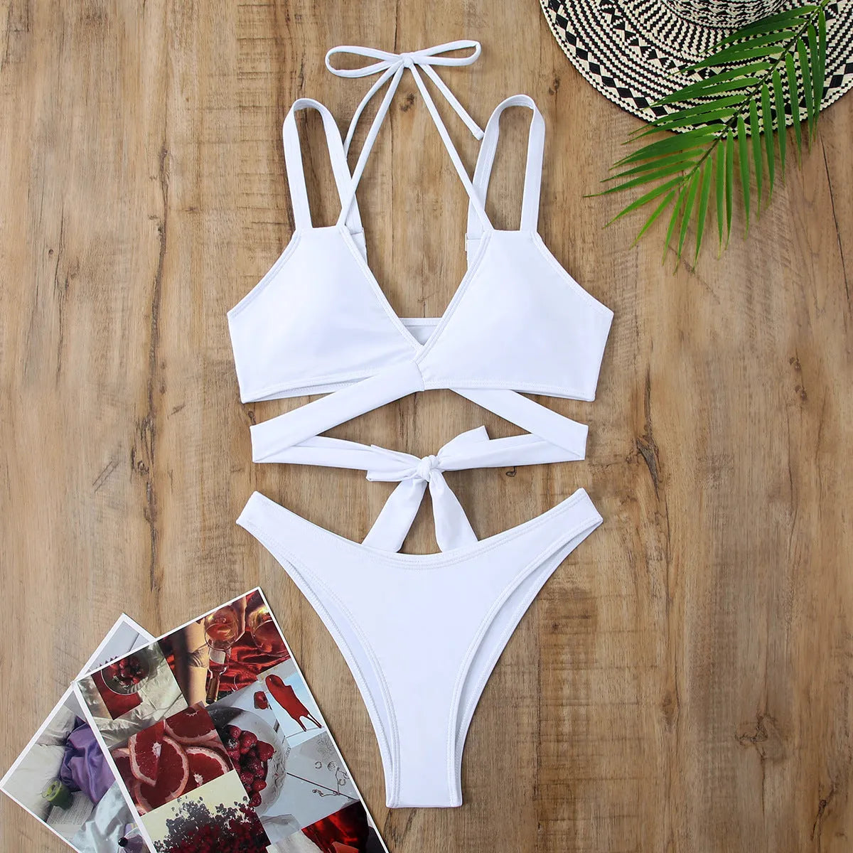 Solid colour women's bikini swimsuit with shoulder straps in black, blue, red, rose red, or white options