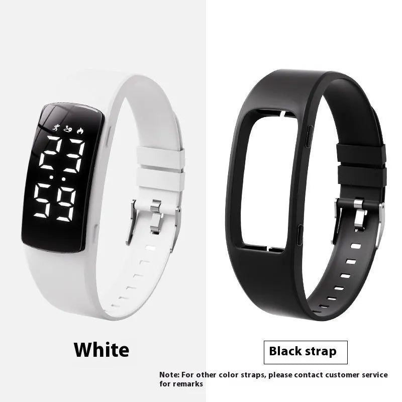 Vibration alarm clock watch with LED display on silicone strap showing multiple colour options