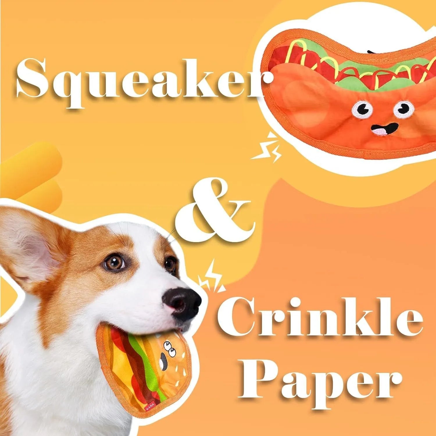 Colourful crinkle and squeaky dog chew toys shaped like a hamburger, fries, a hot dog, and a pizza on a plain background.
