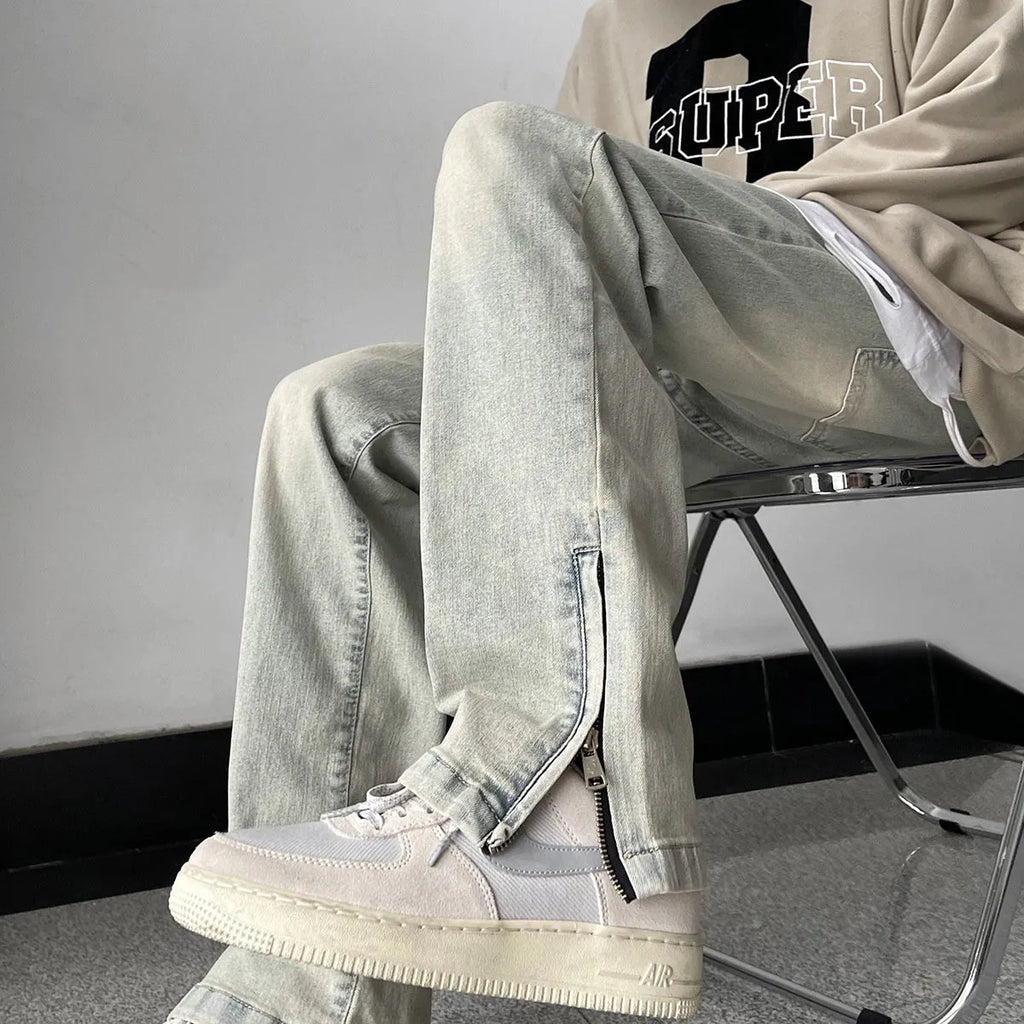 Men's retro straight-leg skinny denim jeans in yellow mud colour with side zipper