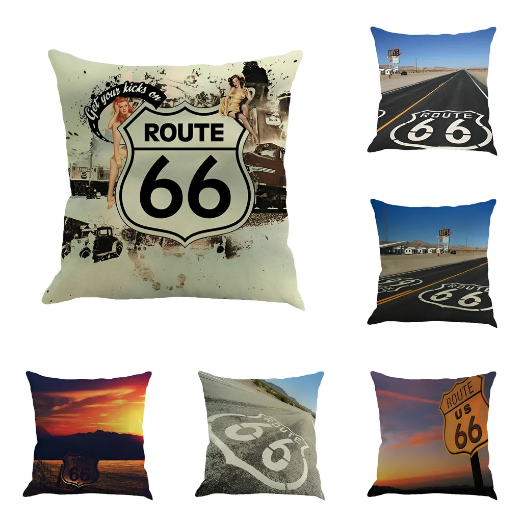 Square linen cushion cover with a landscape pattern, shown in one of six available colours, dimensions 45 by 45 cm.