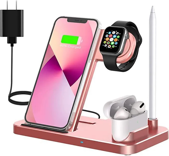 15W folding 4-in-1 wireless charging stand showing iPhone and Apple Pencil charging simultaneously