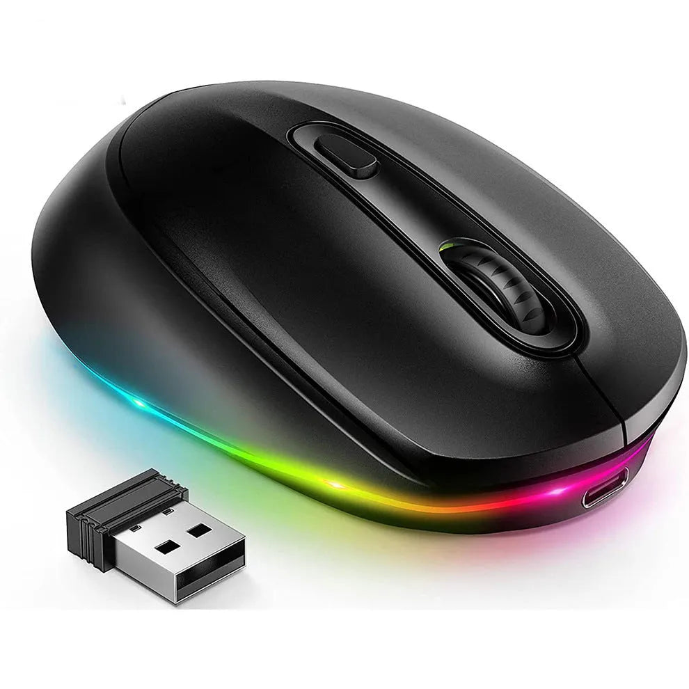 24g wireless rechargeable mouse in black with USB cable on a desk