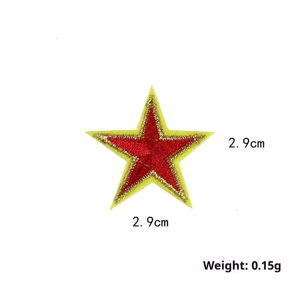 Colourful embroidered five-pointed star designs on cloth sticker labels for DIY clothing customisation.