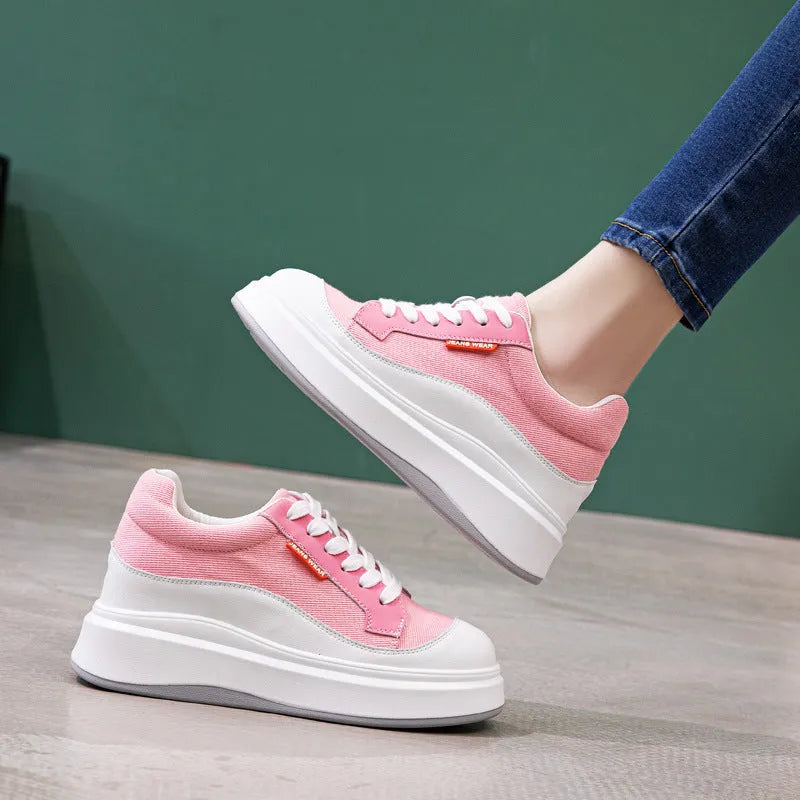 Women's beige and pink cowhide leather casual shoes with thick soles for height increase.