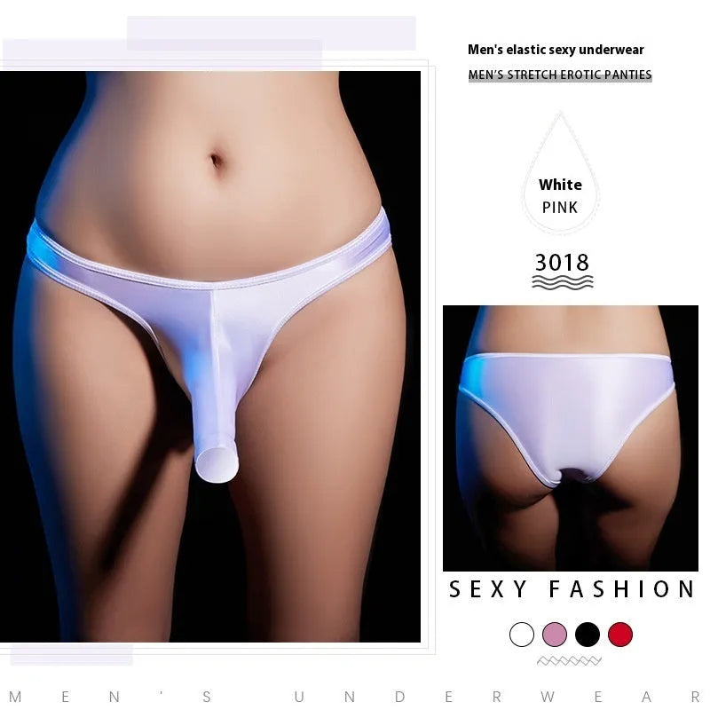 Men's low waist T-back underwear in shiny nylon fabric on a colour background showing available shades.