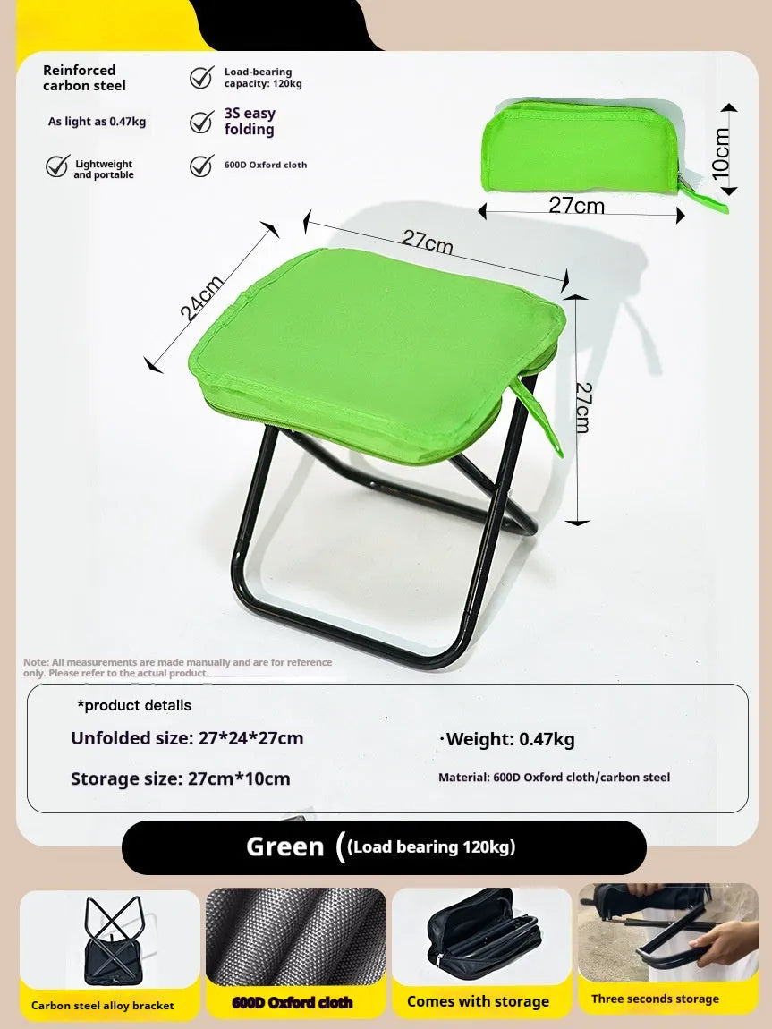 Lightweight foldable camp stool in Oxford cloth, shown in a khaki colour, folded for carrying.