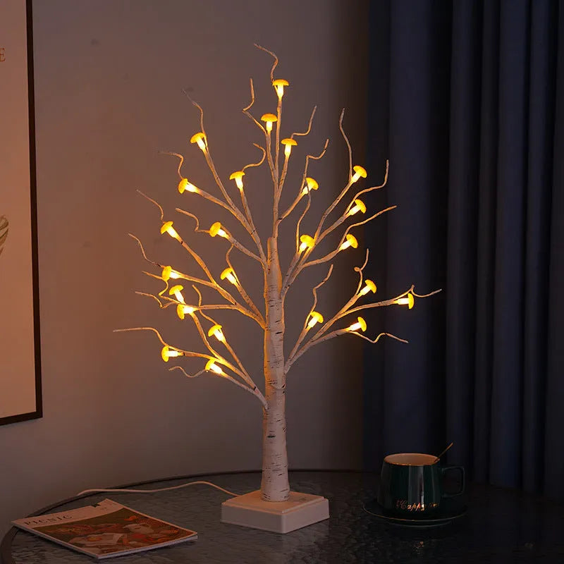 60cm tall mushroom tree LED lamp with warm light colour and 24 detachable plastic flowers on birch tree design
