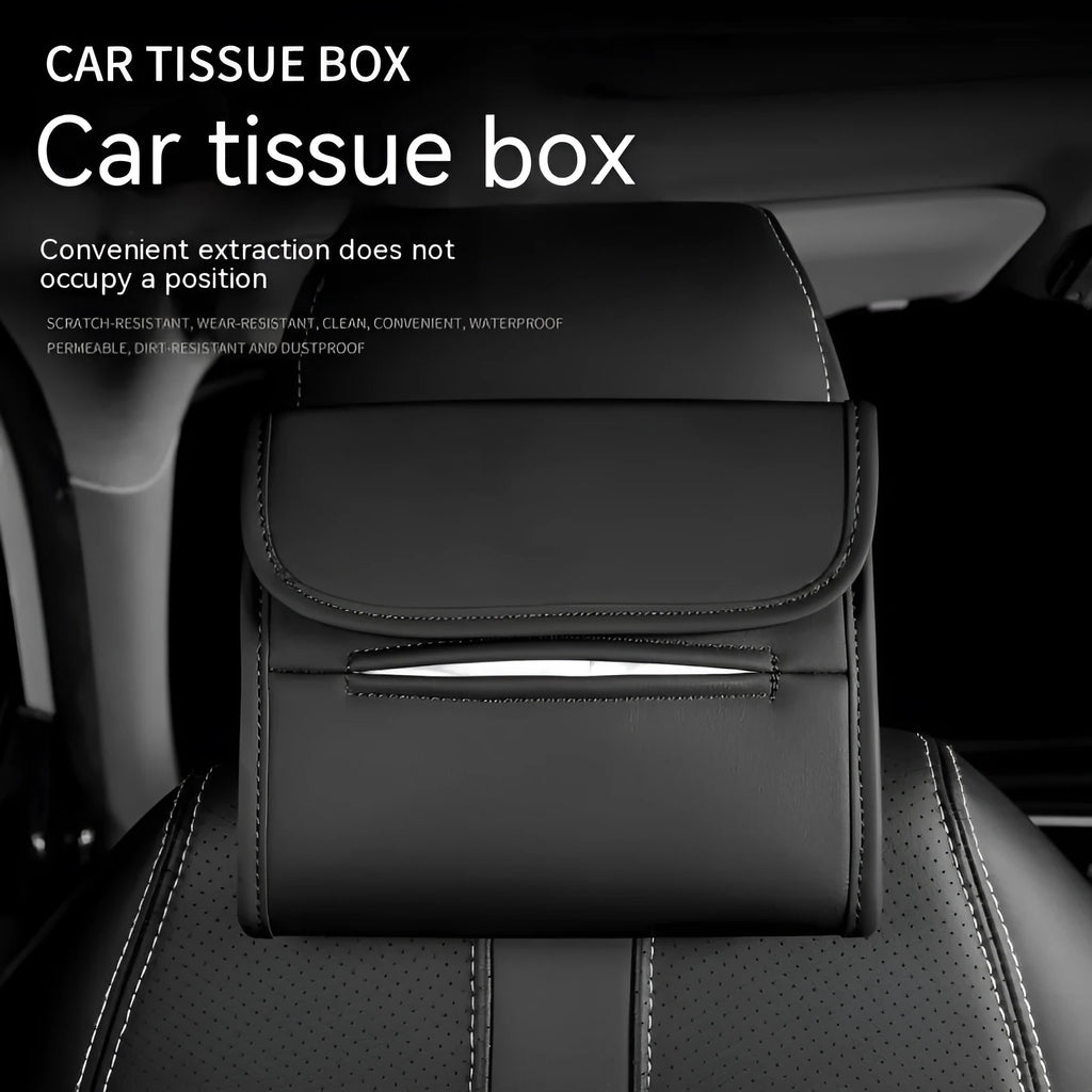 Leather car tissue box with elastic band for mounting on car seat or sun visor