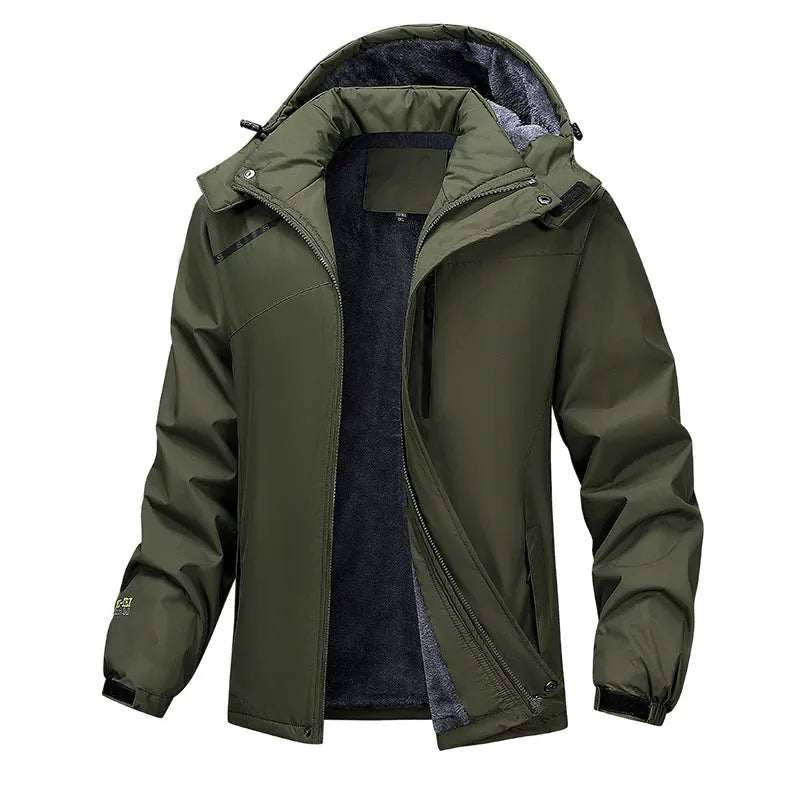 A man wearing a plus size army green waterproof hooded winter coat.