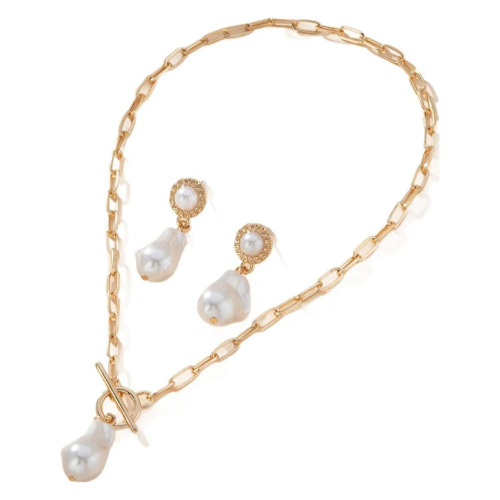 Gold coloured retro baroque pearl pendant necklace and matching ear stud jewellery set