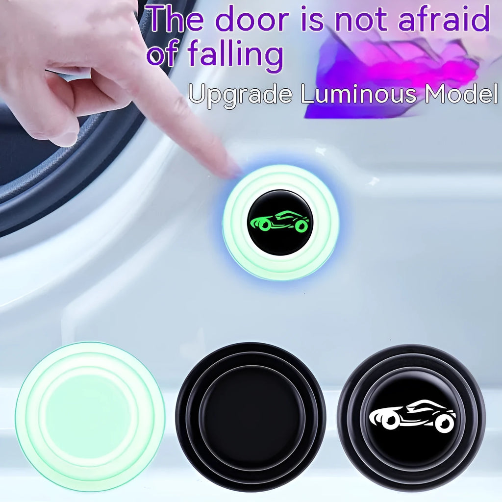 Black and luminous silicone car door shock absorber pads measuring 20mm on a car door edge.