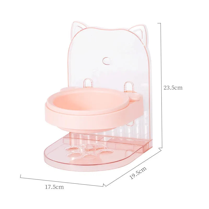 Grey cat feeding bowl with cat ears design and adjustable height mechanism on removable hanging cage