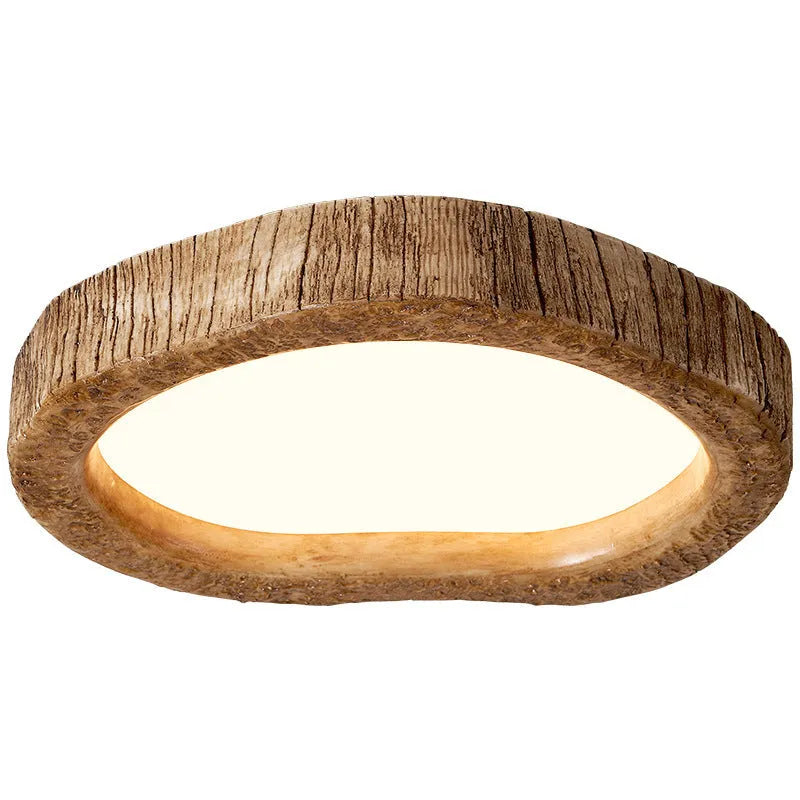 Round wood grain finish ceiling lamp in new Chinese style, shown in three diameter sizes.